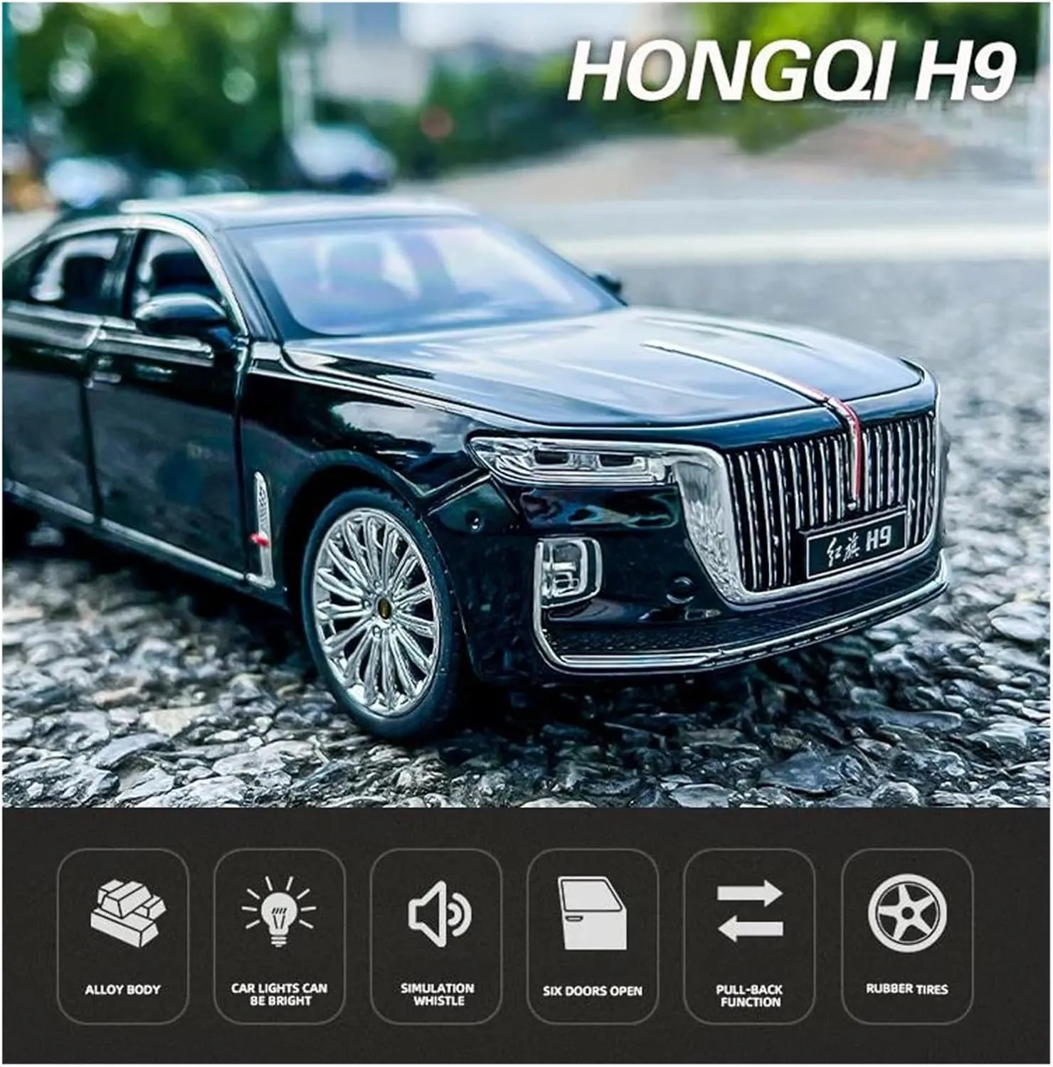 1 24 for HongQi H9 Luxury Car Alloy Diecast Toy Vehicles Metal Car Model Sound and Light Pull Back Collection Simulation Vehicle Playset(Black)