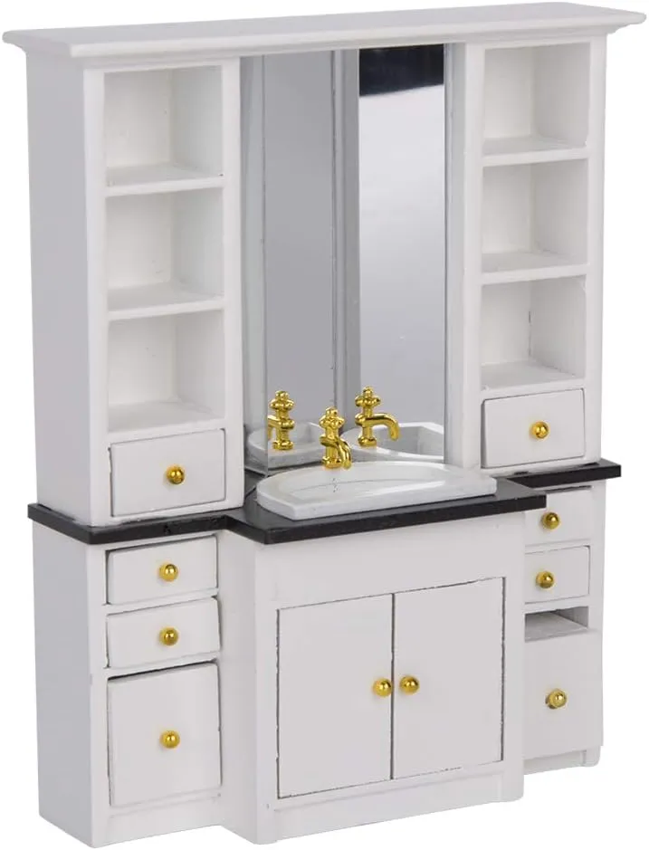 1:12 Dollhouse Mini Basin Cabinet Miniature Furniture for Bathroom Kitchen Decoration (White)