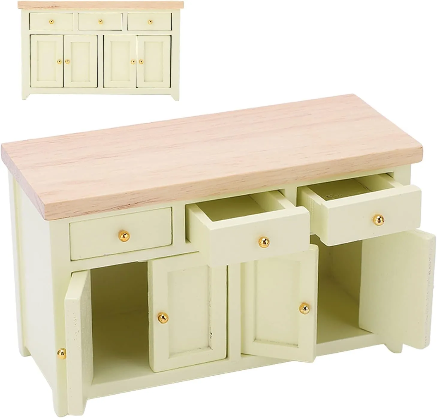 1:12 Scale Birch Miniature Dollhouse Cream Color Classic Cabinet with Pull Out Drawer Simulation