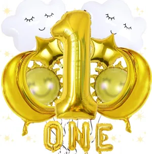 12Pcs 1st Cloud Balloons 40 inch Gold Number 1 Birthday Clouds Smiley-face Sun Moon Star Foil Balloon, Moon First Birthday Party Supplies Summer Themed Party Decoration