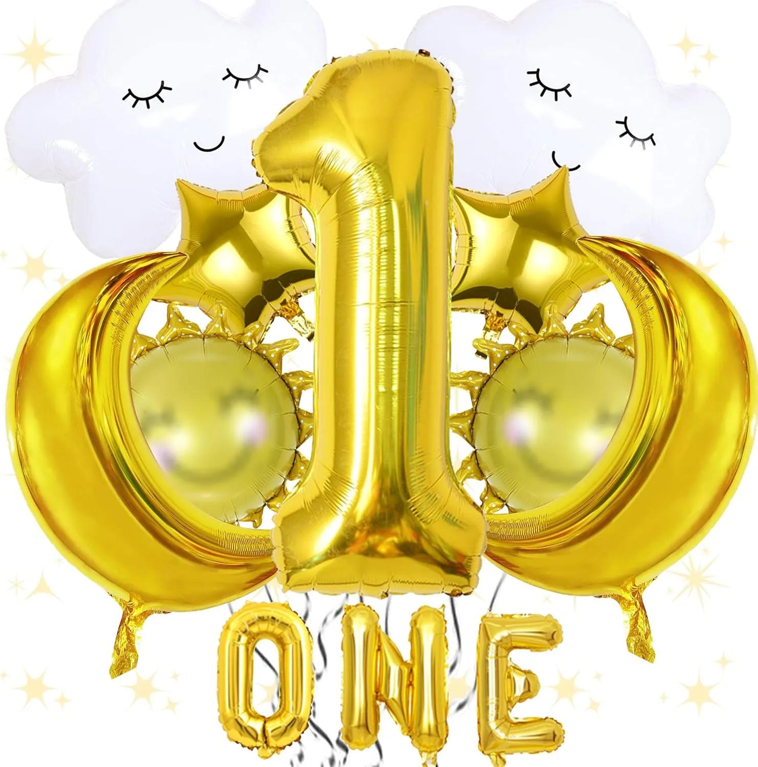 12Pcs 1st Cloud Balloons 40 inch Gold Number 1 Birthday Clouds Smiley-face Sun Moon Star Foil Balloon, Moon First Birthday Party Supplies Summer Themed Party Decoration