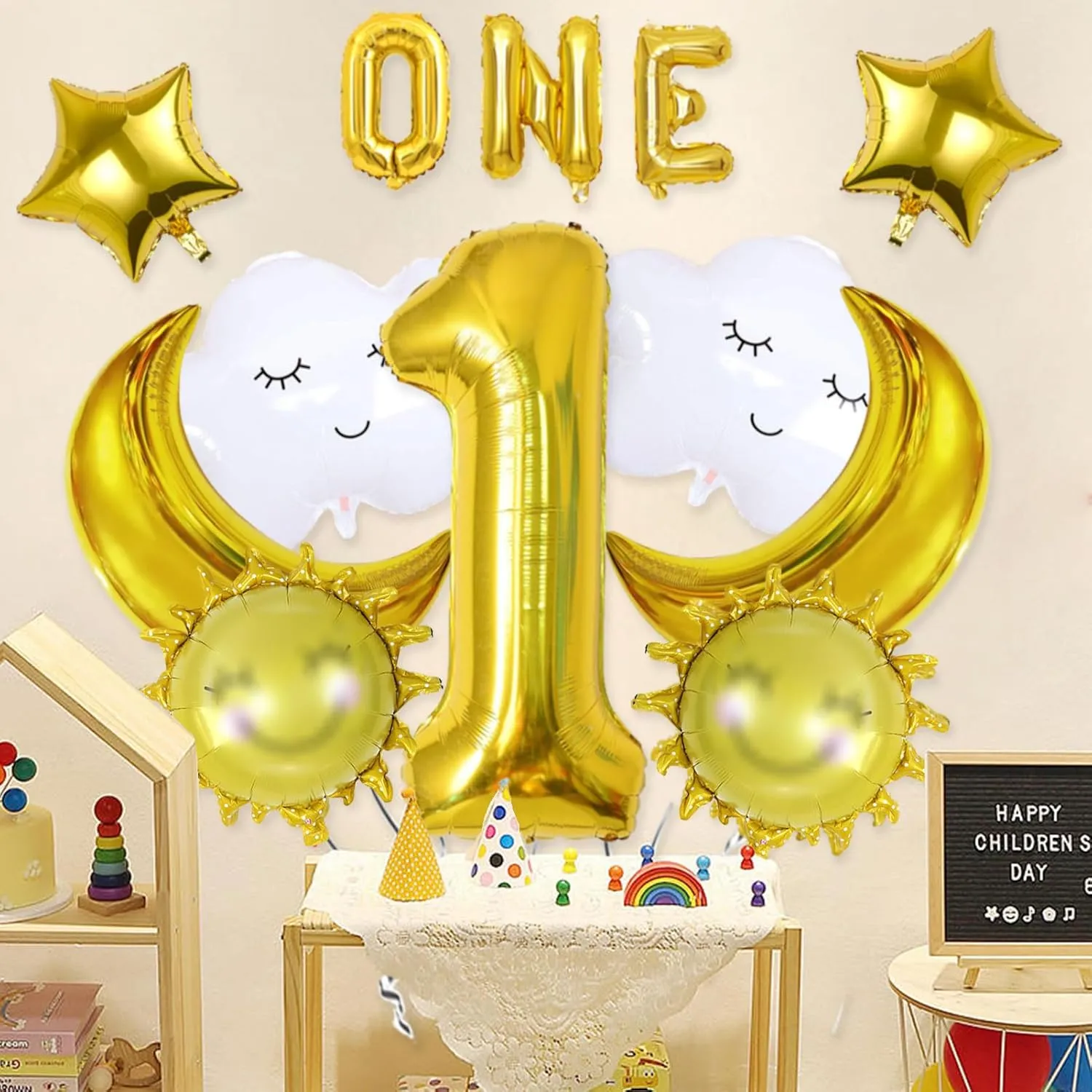 12Pcs 1st Cloud Balloons 40 inch Gold Number 1 Birthday Clouds Smiley-face Sun Moon Star Foil Balloon, Moon First Birthday Party Supplies Summer Themed Party Decoration