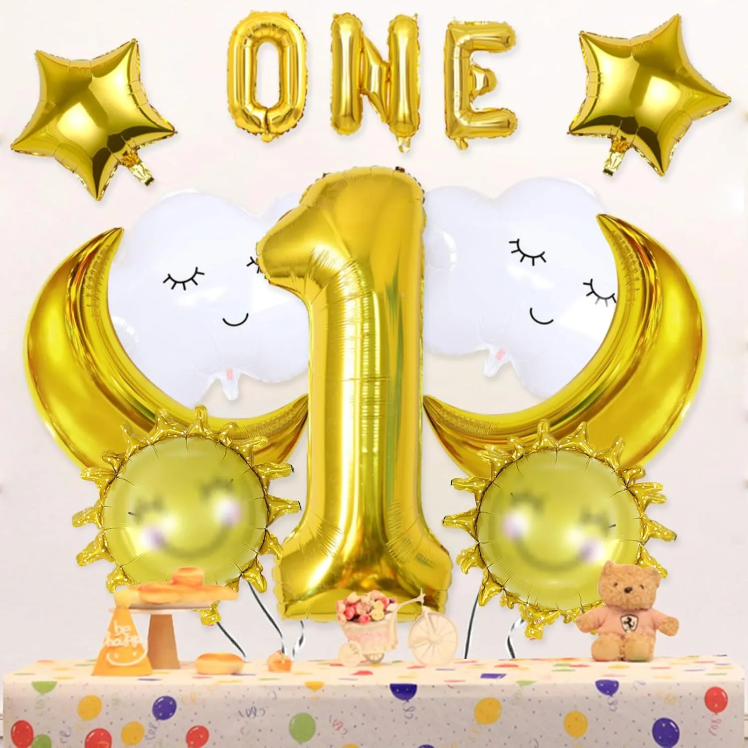 12Pcs 1st Cloud Balloons 40 inch Gold Number 1 Birthday Clouds Smiley-face Sun Moon Star Foil Balloon, Moon First Birthday Party Supplies Summer Themed Party Decoration