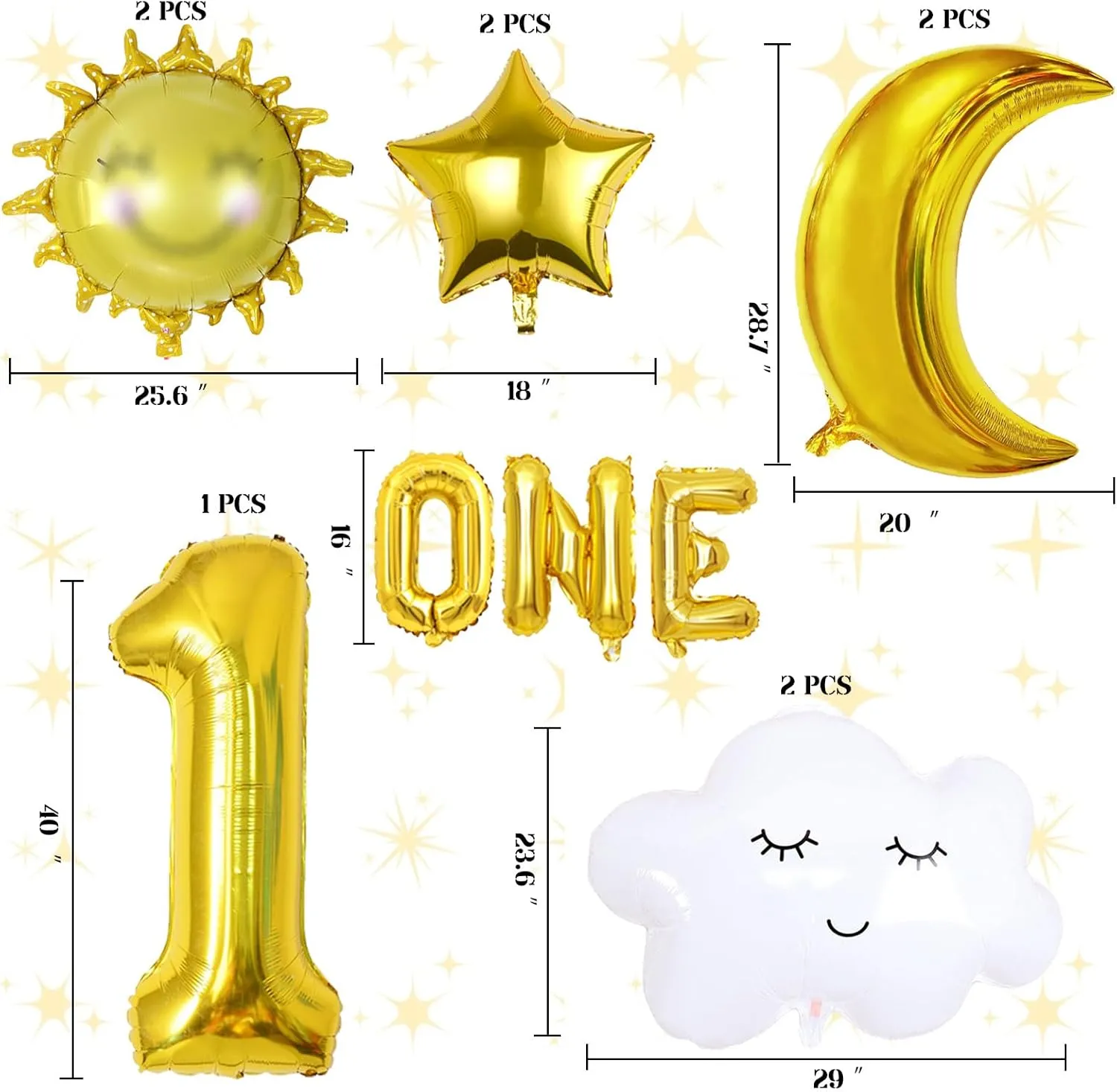 12Pcs 1st Cloud Balloons 40 inch Gold Number 1 Birthday Clouds Smiley-face Sun Moon Star Foil Balloon, Moon First Birthday Party Supplies Summer Themed Party Decoration