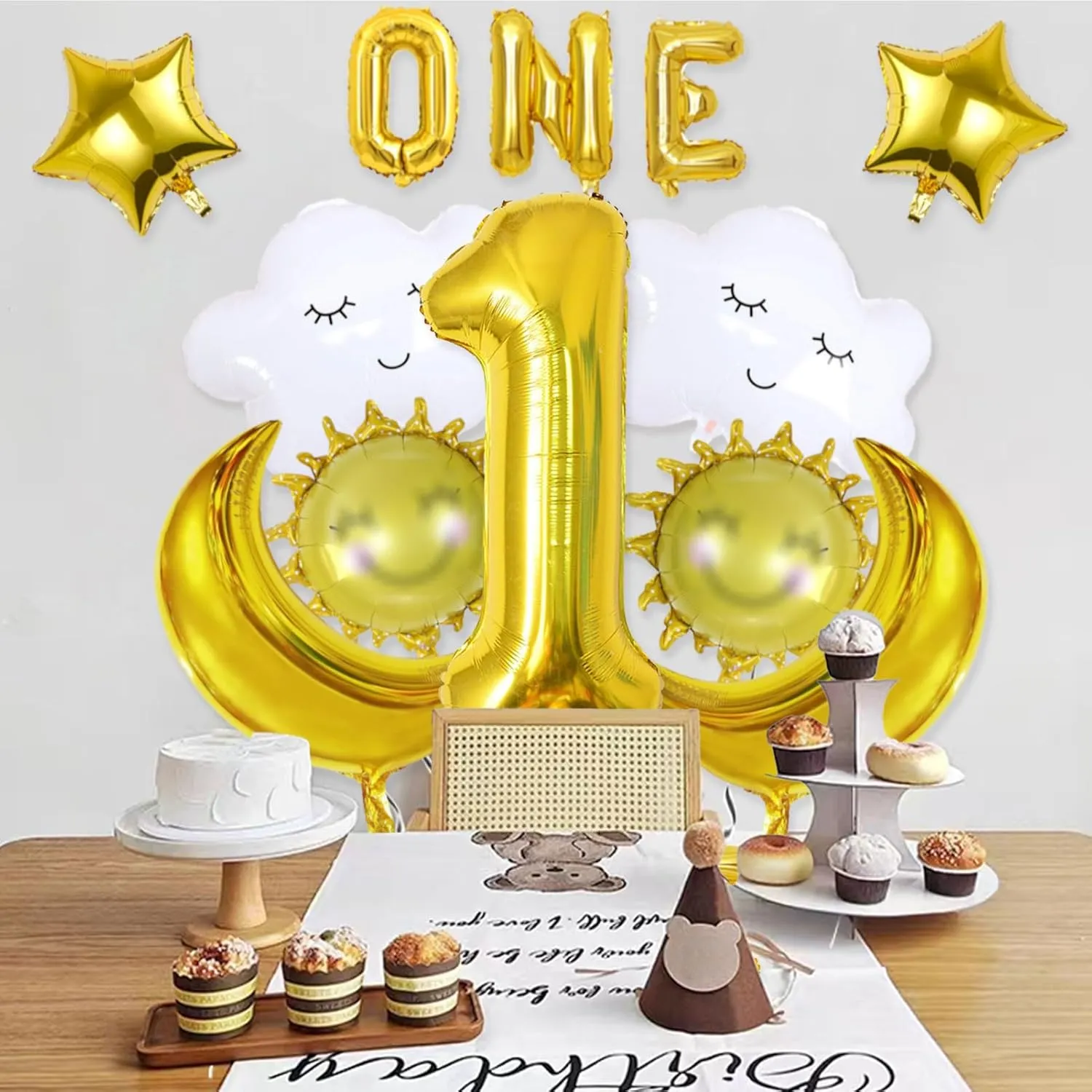12Pcs 1st Cloud Balloons 40 inch Gold Number 1 Birthday Clouds Smiley-face Sun Moon Star Foil Balloon, Moon First Birthday Party Supplies Summer Themed Party Decoration