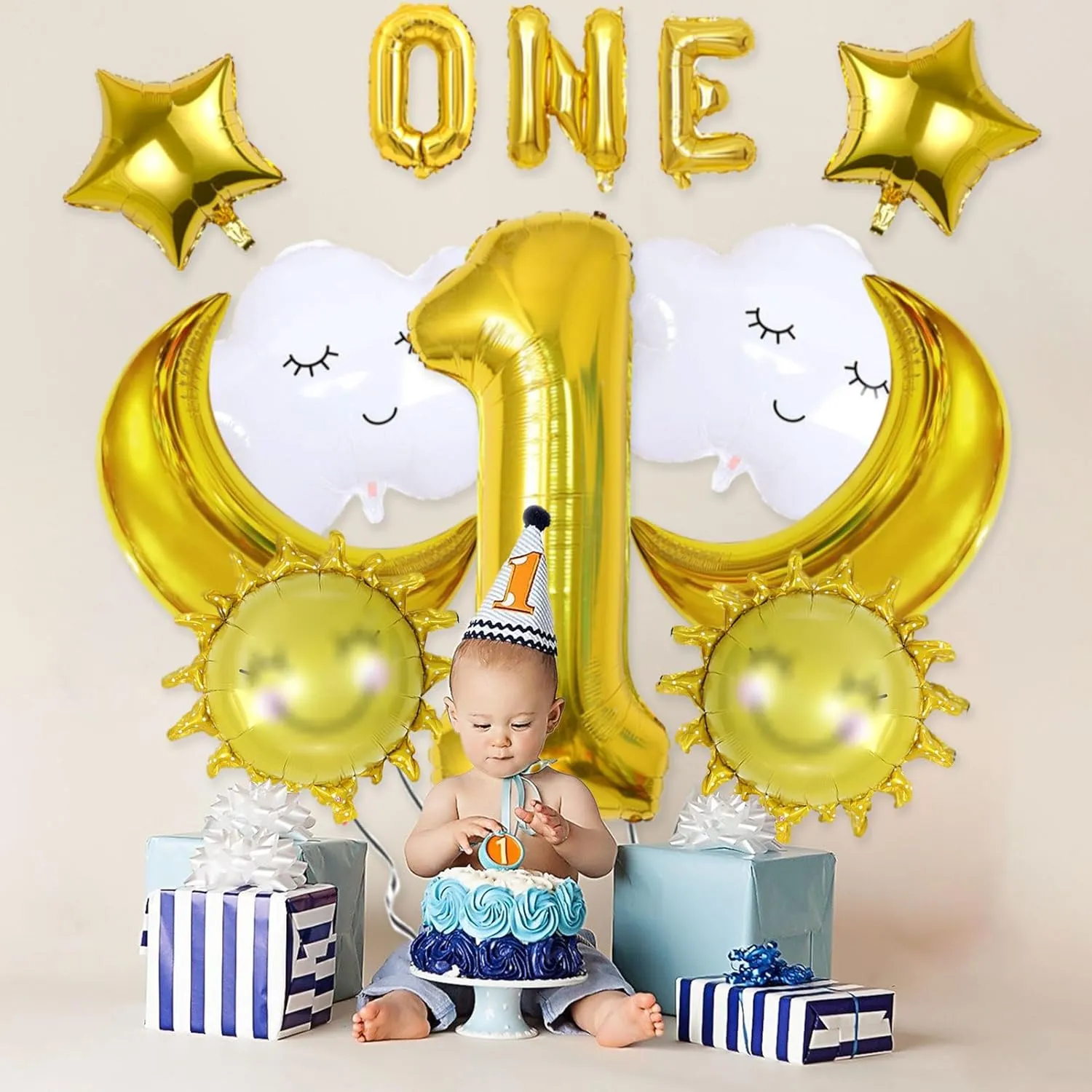 12Pcs 1st Cloud Balloons 40 inch Gold Number 1 Birthday Clouds Smiley-face Sun Moon Star Foil Balloon, Moon First Birthday Party Supplies Summer Themed Party Decoration
