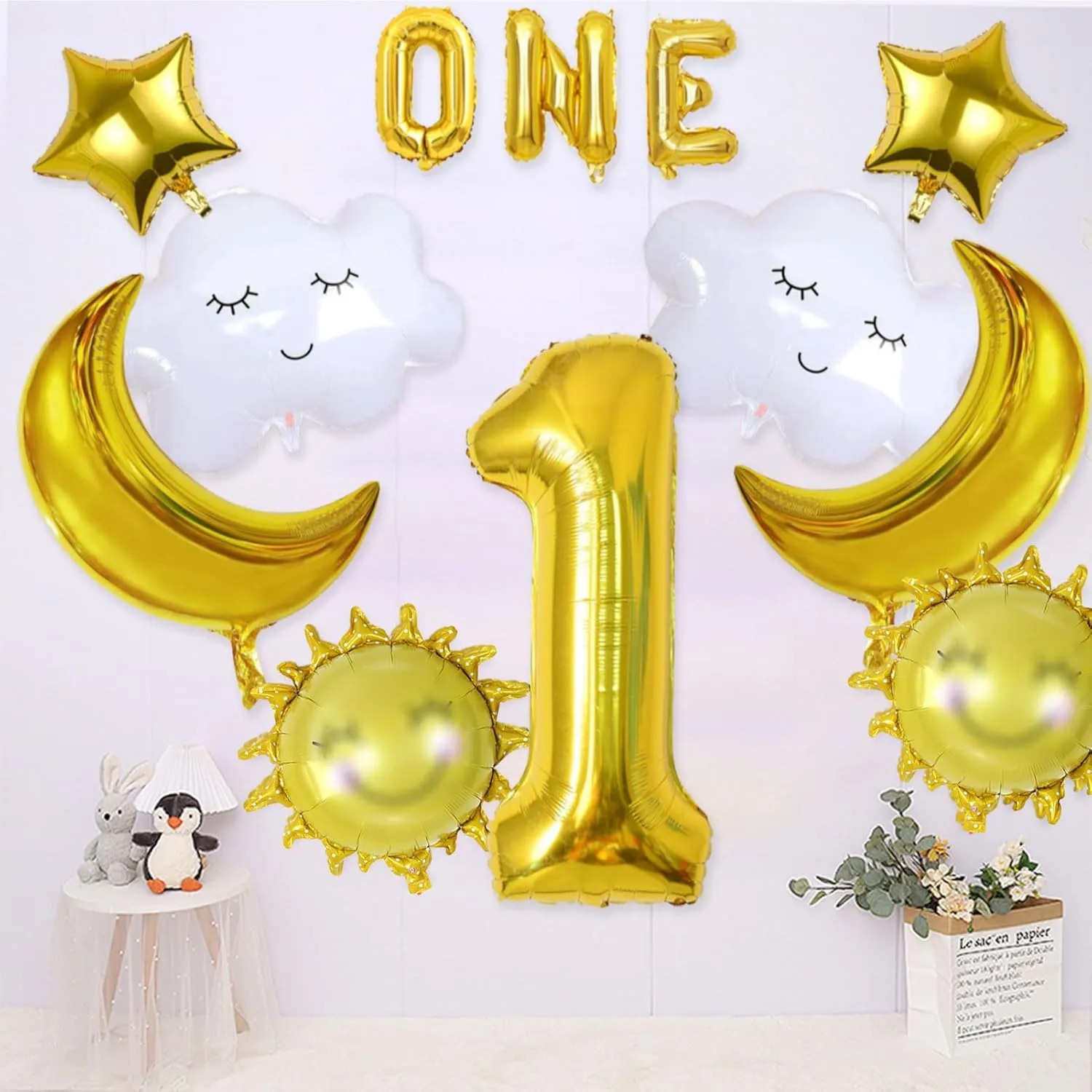 12Pcs 1st Cloud Balloons 40 inch Gold Number 1 Birthday Clouds Smiley-face Sun Moon Star Foil Balloon, Moon First Birthday Party Supplies Summer Themed Party Decoration