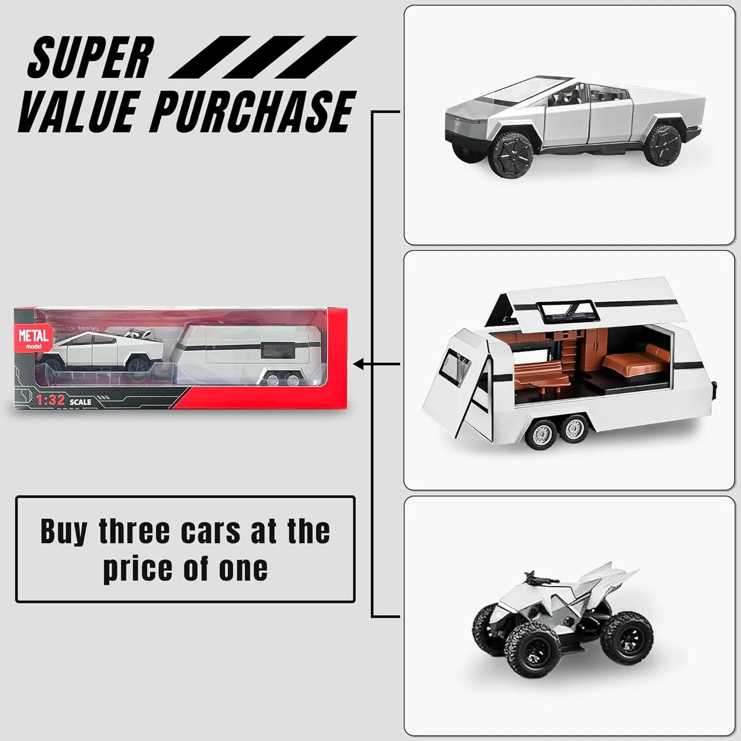 1/32 PickTruck Toy for Kids, Pickup Trailer RV Model Kit with Beach Motorcycle, Diecast Metal RV Car Model Pickup Truck Toy with Sound/Light/Pull Back Power, Ideal Gift for Boys Aged 6 and Up (Silver)
