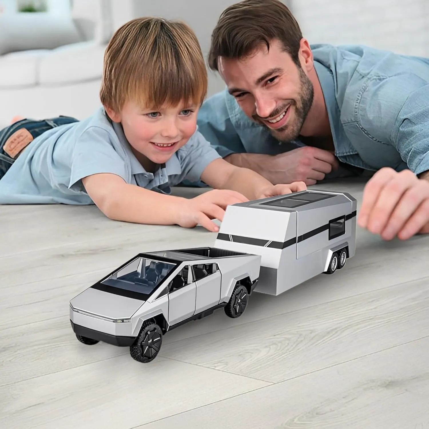1/32 PickTruck Toy for Kids, Pickup Trailer RV Model Kit with Beach Motorcycle, Diecast Metal RV Car Model Pickup Truck Toy with Sound/Light/Pull Back Power, Ideal Gift for Boys Aged 6 and Up (Silver)