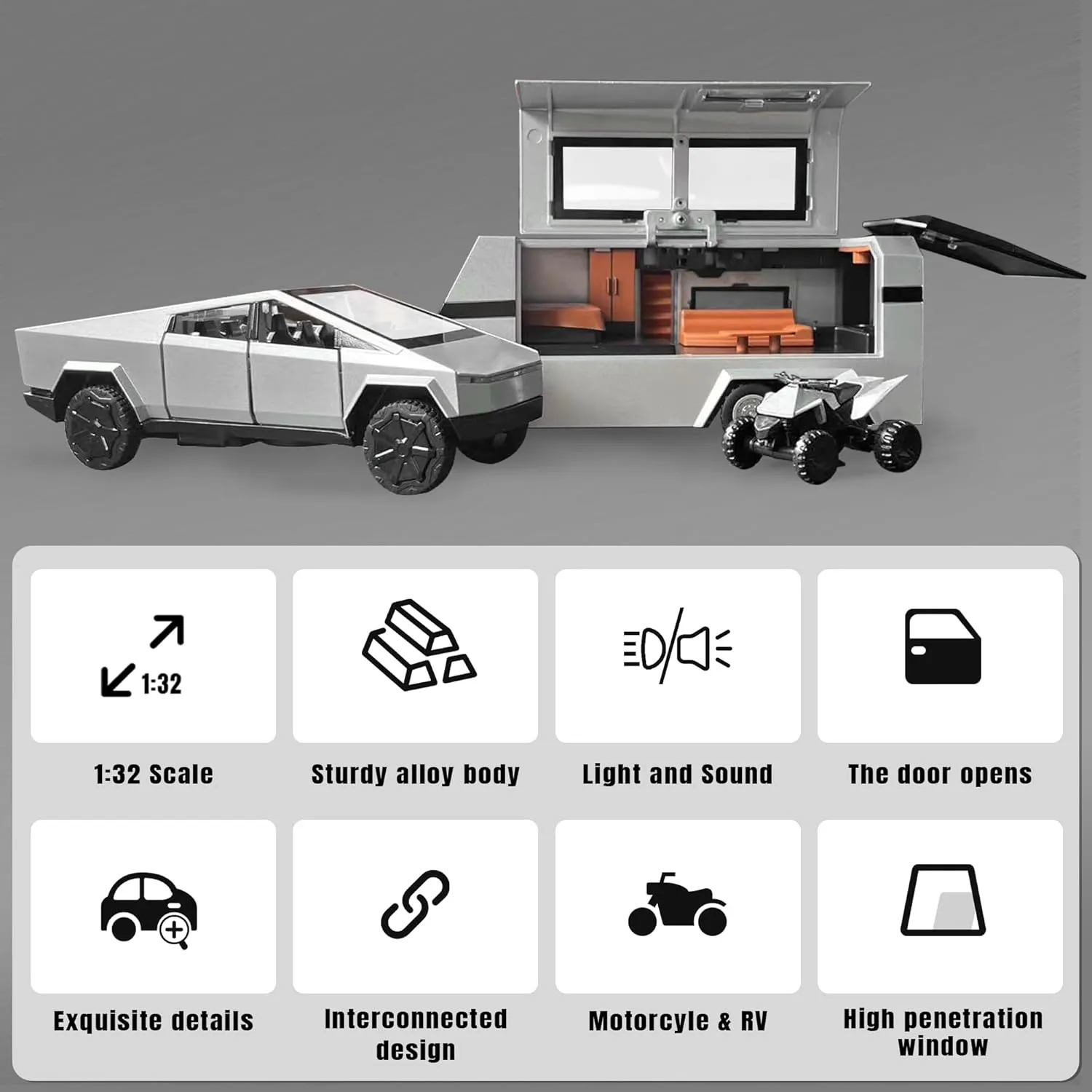 1/32 PickTruck Toy for Kids, Pickup Trailer RV Model Kit with Beach Motorcycle, Diecast Metal RV Car Model Pickup Truck Toy with Sound/Light/Pull Back Power, Ideal Gift for Boys Aged 6 and Up (Silver)