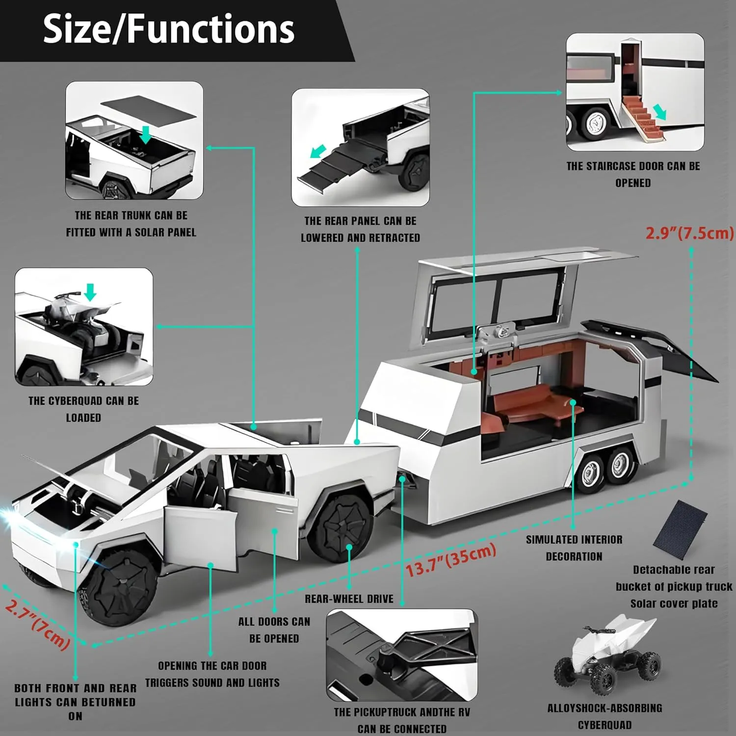 1/32 PickTruck Toy for Kids, Pickup Trailer RV Model Kit with Beach Motorcycle, Diecast Metal RV Car Model Pickup Truck Toy with Sound/Light/Pull Back Power, Ideal Gift for Boys Aged 6 and Up (Silver)