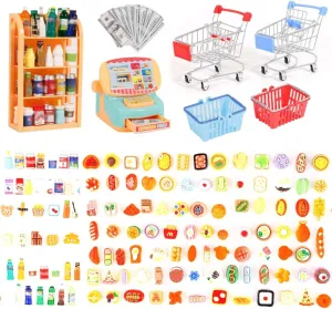 136 PCs Mini Shopping Cart Basket Miniature Food Drink Bottle Supermarket Metal Handcart Toys Doll House Store Cosplay Game Dollhouse Grocery Trolley Model Dollar Bills Small Shelves Cash Register ﻿