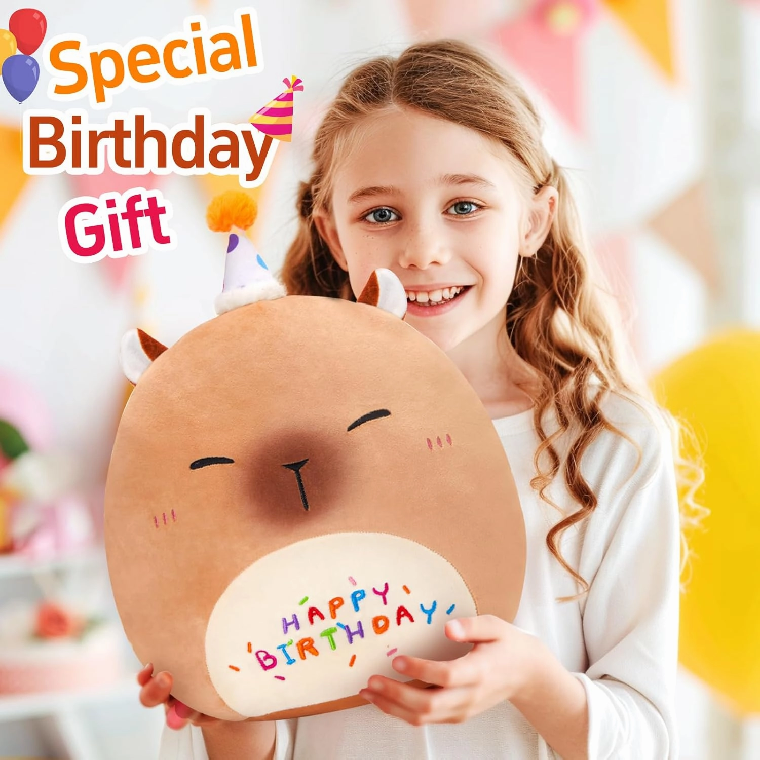 14'' Cute Capybara Plush Pillow, Squish Capybara Plushie Toys, Kawaii Birthday Gifts for Kids Toddlers Girls Boys Party Decor