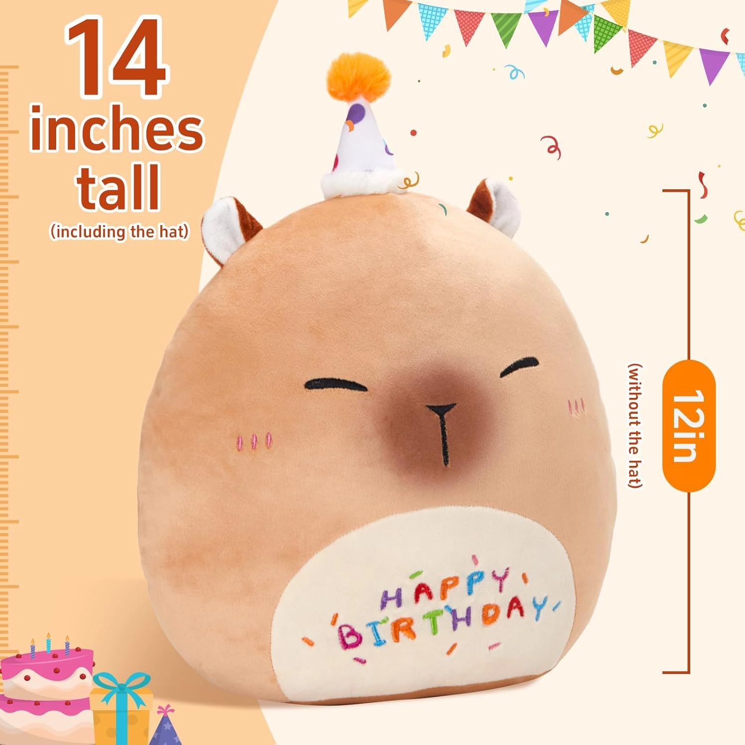 14'' Cute Capybara Plush Pillow, Squish Capybara Plushie Toys, Kawaii Birthday Gifts for Kids Toddlers Girls Boys Party Decor