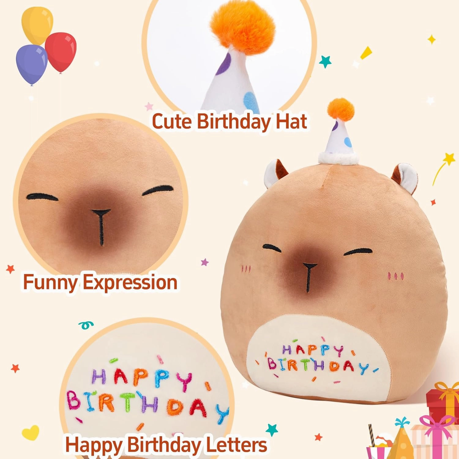 14'' Cute Capybara Plush Pillow, Squish Capybara Plushie Toys, Kawaii Birthday Gifts for Kids Toddlers Girls Boys Party Decor