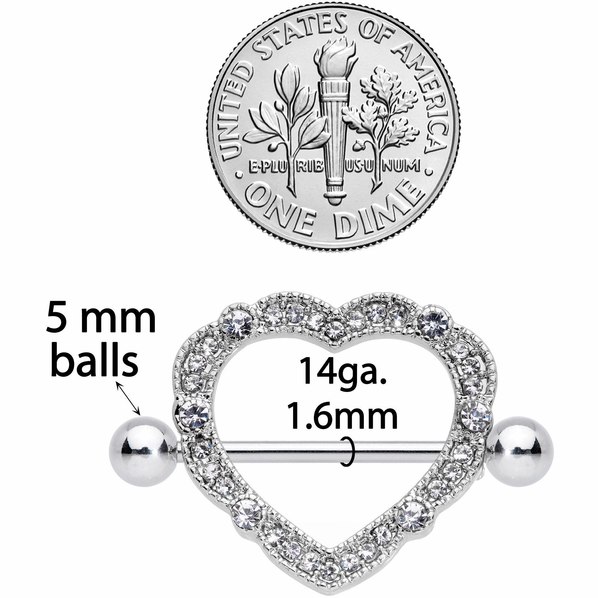 14 Gauge 9/16 Clear Gem Love Hearts Nipple Shield Set