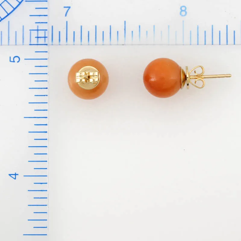 14K YELLOW GOLD RED JADEITE JADE 9MM BALL STUD EARRING UPC #381025