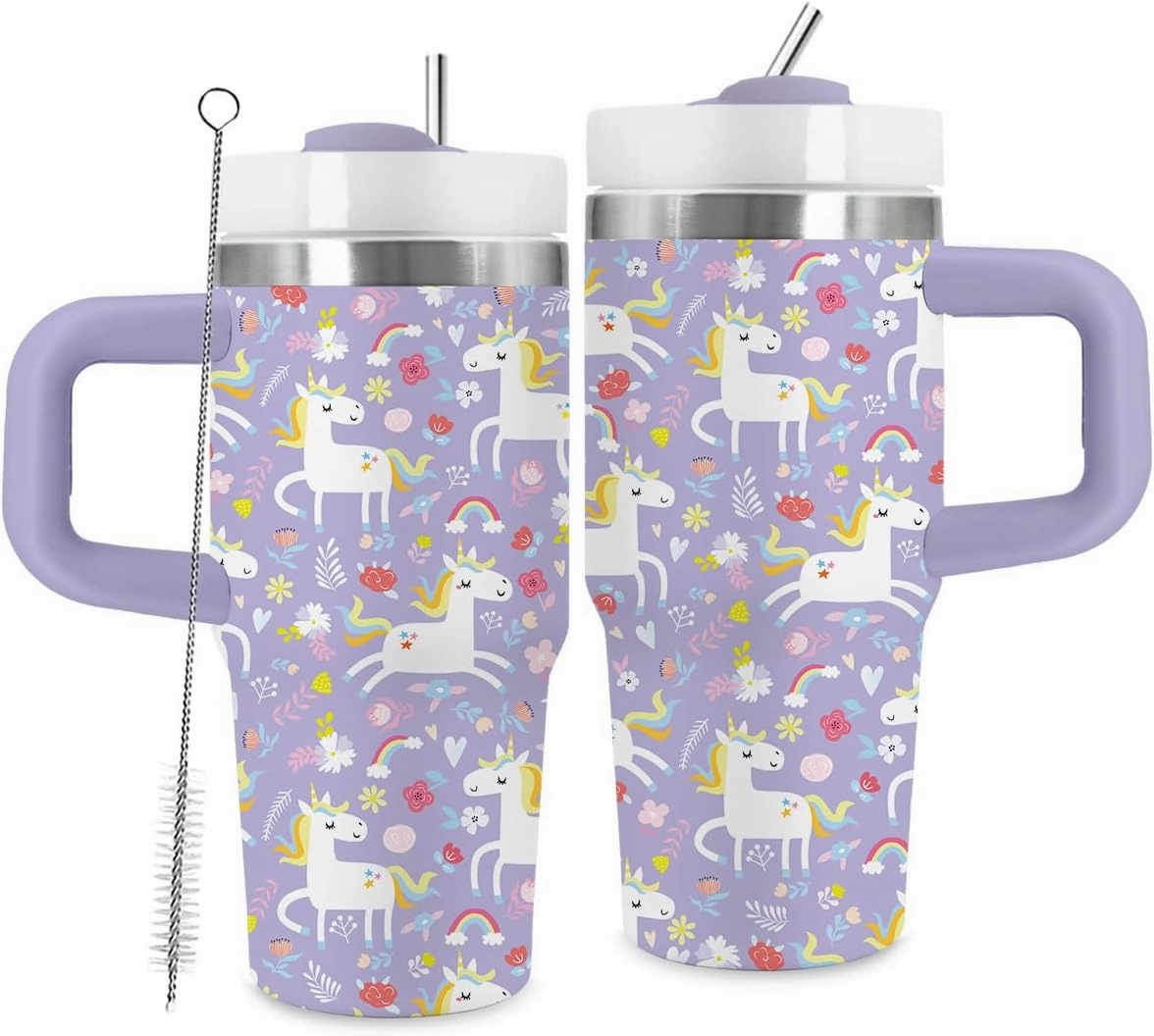 14oz Cute Tumbler with Handle and Straw, Stainless Steel Vacuum Insulated Tumblers, Birthday Gifts for Daughter, Sister, Girls, Keeps Cold for 10 Hours