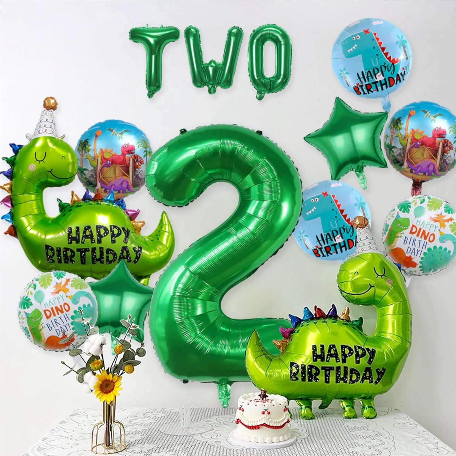 14Pcs Dinosaur Balloons - Birthday Decorations Big Cute Dino Party Decor Baby Shower Aluminum Foil Balloon Number 2 Mylar Balloon for Themed Party Boys Girls Birthday Decor
