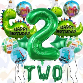 14Pcs Dinosaur Balloons - Birthday Decorations Big Cute Dino Party Decor Baby Shower Aluminum Foil Balloon Number 2 Mylar Balloon for Themed Party Boys Girls Birthday Decor