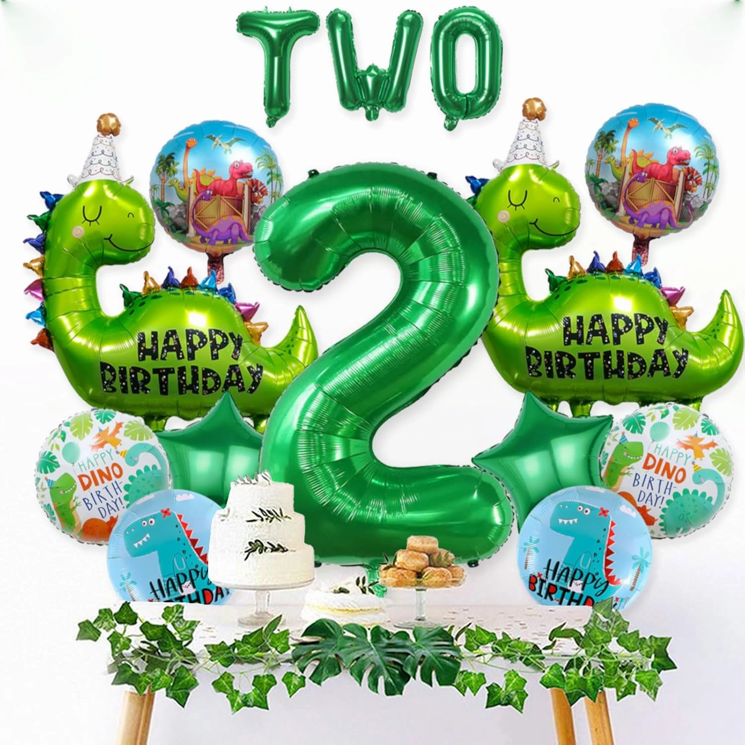 14Pcs Dinosaur Balloons - Birthday Decorations Big Cute Dino Party Decor Baby Shower Aluminum Foil Balloon Number 2 Mylar Balloon for Themed Party Boys Girls Birthday Decor