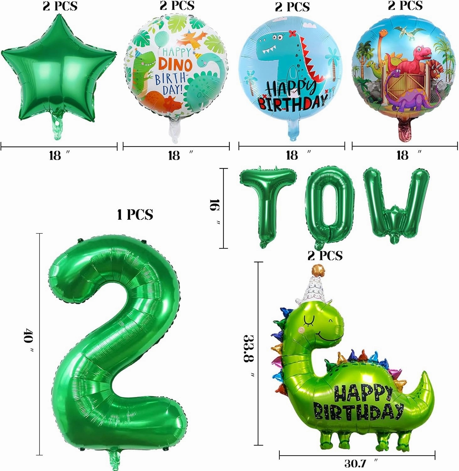 14Pcs Dinosaur Balloons - Birthday Decorations Big Cute Dino Party Decor Baby Shower Aluminum Foil Balloon Number 2 Mylar Balloon for Themed Party Boys Girls Birthday Decor