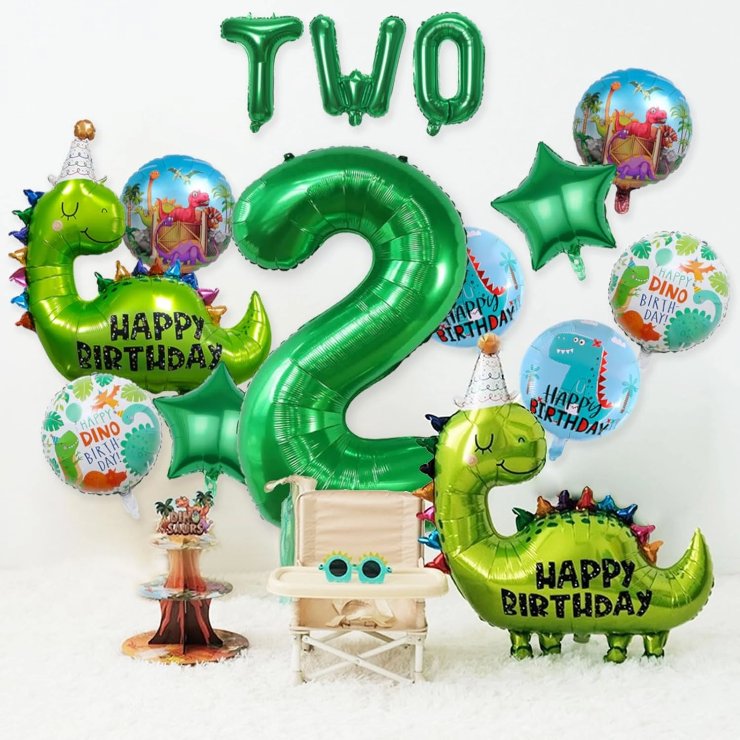 14Pcs Dinosaur Balloons - Birthday Decorations Big Cute Dino Party Decor Baby Shower Aluminum Foil Balloon Number 2 Mylar Balloon for Themed Party Boys Girls Birthday Decor