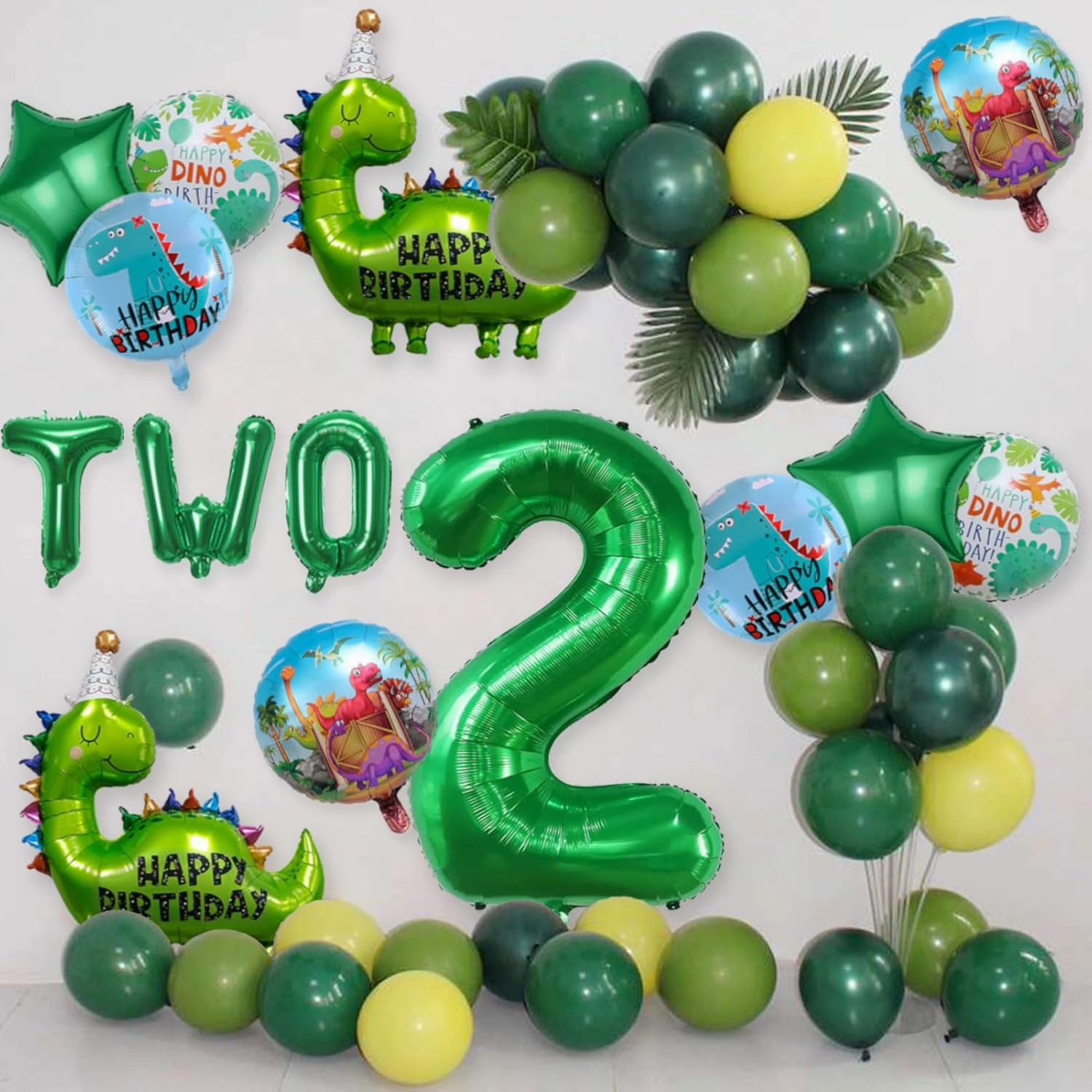 14Pcs Dinosaur Balloons - Birthday Decorations Big Cute Dino Party Decor Baby Shower Aluminum Foil Balloon Number 2 Mylar Balloon for Themed Party Boys Girls Birthday Decor