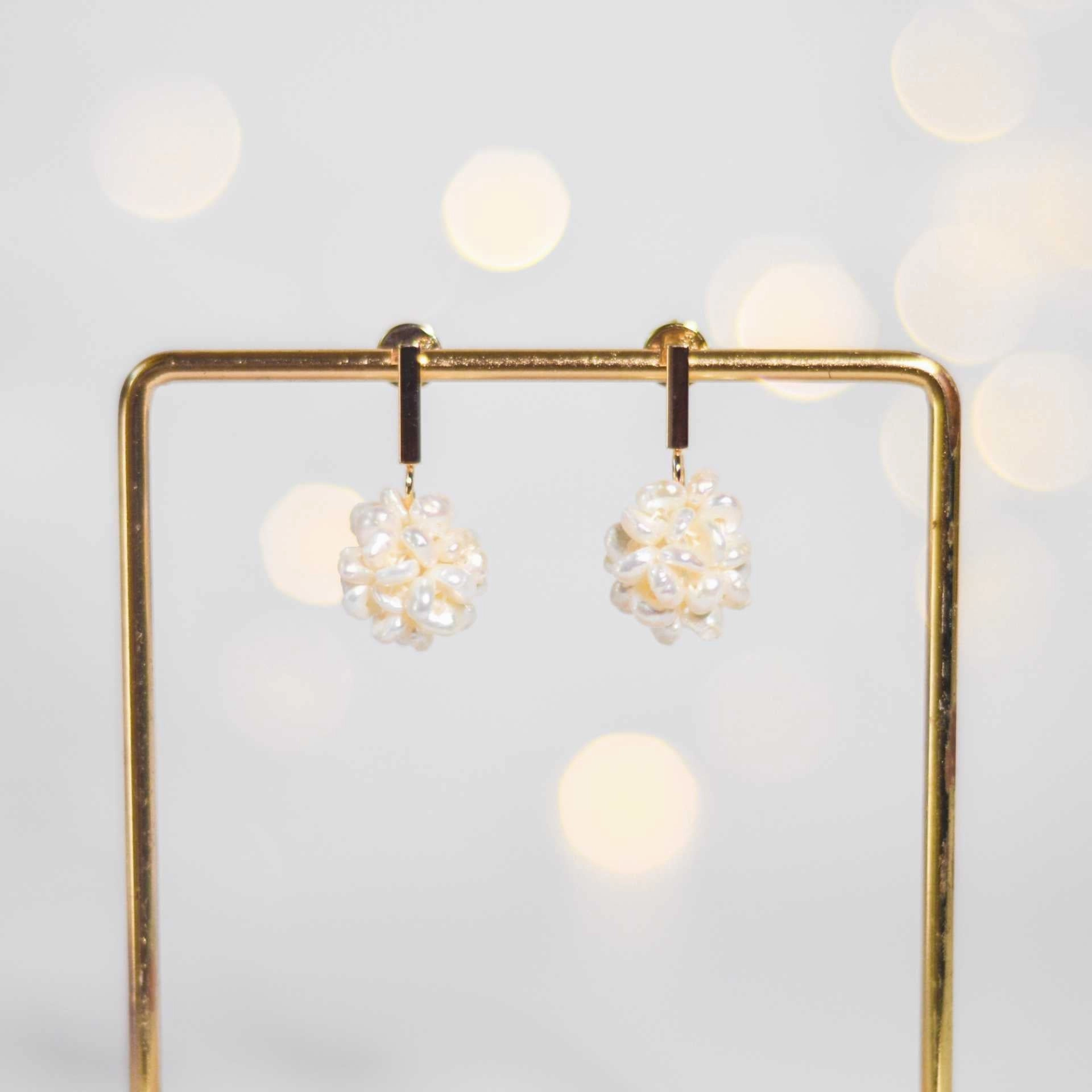 15 mm White Pearl Ball Yellow Gold Plated with Rectangular Stud Earrings