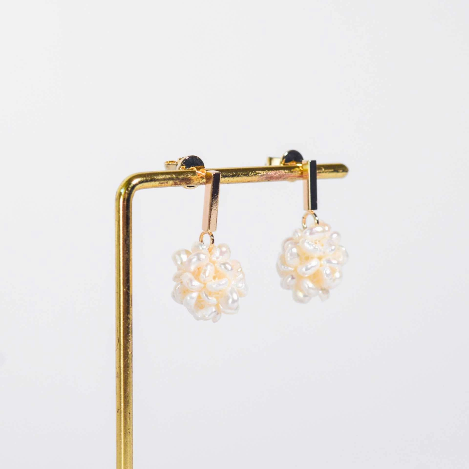 15 mm White Pearl Ball Yellow Gold Plated with Rectangular Stud Earrings