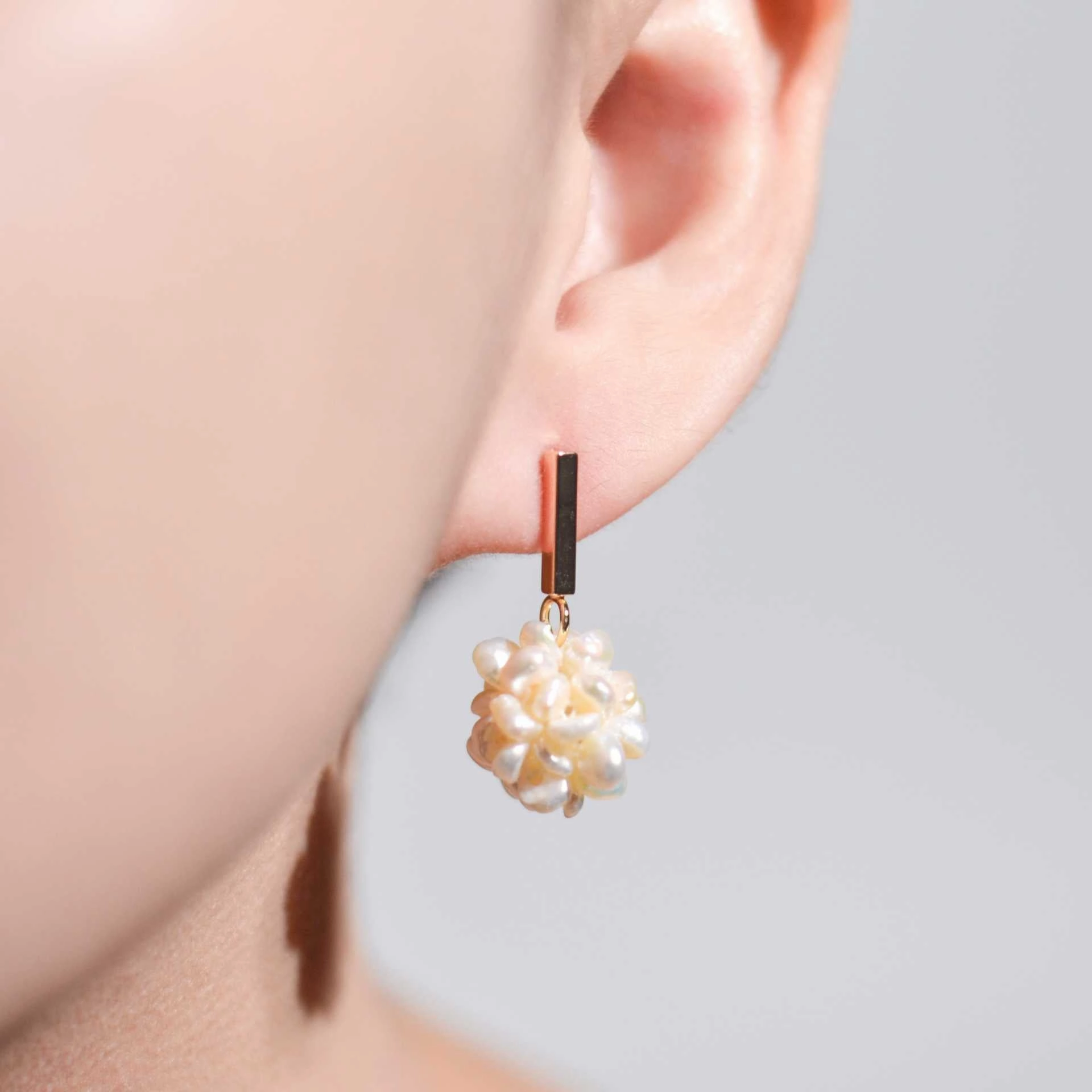 15 mm White Pearl Ball Yellow Gold Plated with Rectangular Stud Earrings