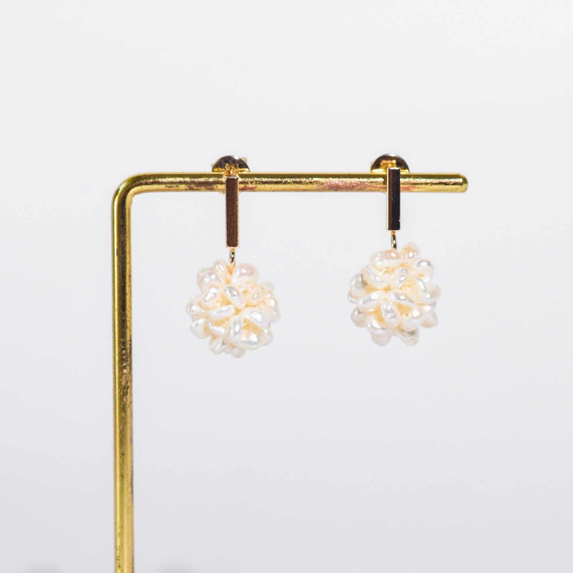 15 mm White Pearl Ball Yellow Gold Plated with Rectangular Stud Earrings