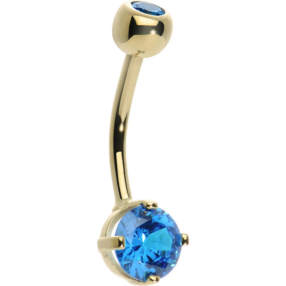 16 Gauge 14KT Yellow Gold Blue Topaz Round 6mm Cubic Zirconia Belly Ring