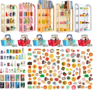 164pcs Miniature Supermarket Shelves Furniture Model 4 Layers Shelf Display Rack Doll House Accessory Storage Bookshelf Accessories Mini Locker Decor Food Drink Bottle Toy Cosplay Game Party
