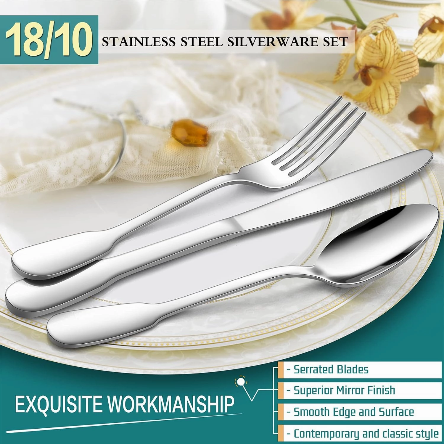 18/10 Silverware Set, E-far 40-Piece Stainless Steel Flatware Cutlery Set Service for 8, Metal Tableware Eating Utensil Sets for Home/Restaurant/Wedding, Elegant & Classic Style - Dishwasher Safe