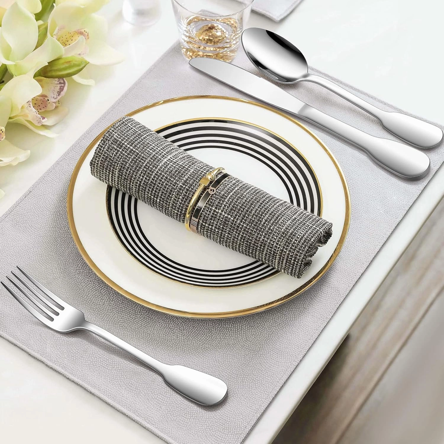 18/10 Silverware Set, E-far 40-Piece Stainless Steel Flatware Cutlery Set Service for 8, Metal Tableware Eating Utensil Sets for Home/Restaurant/Wedding, Elegant & Classic Style - Dishwasher Safe