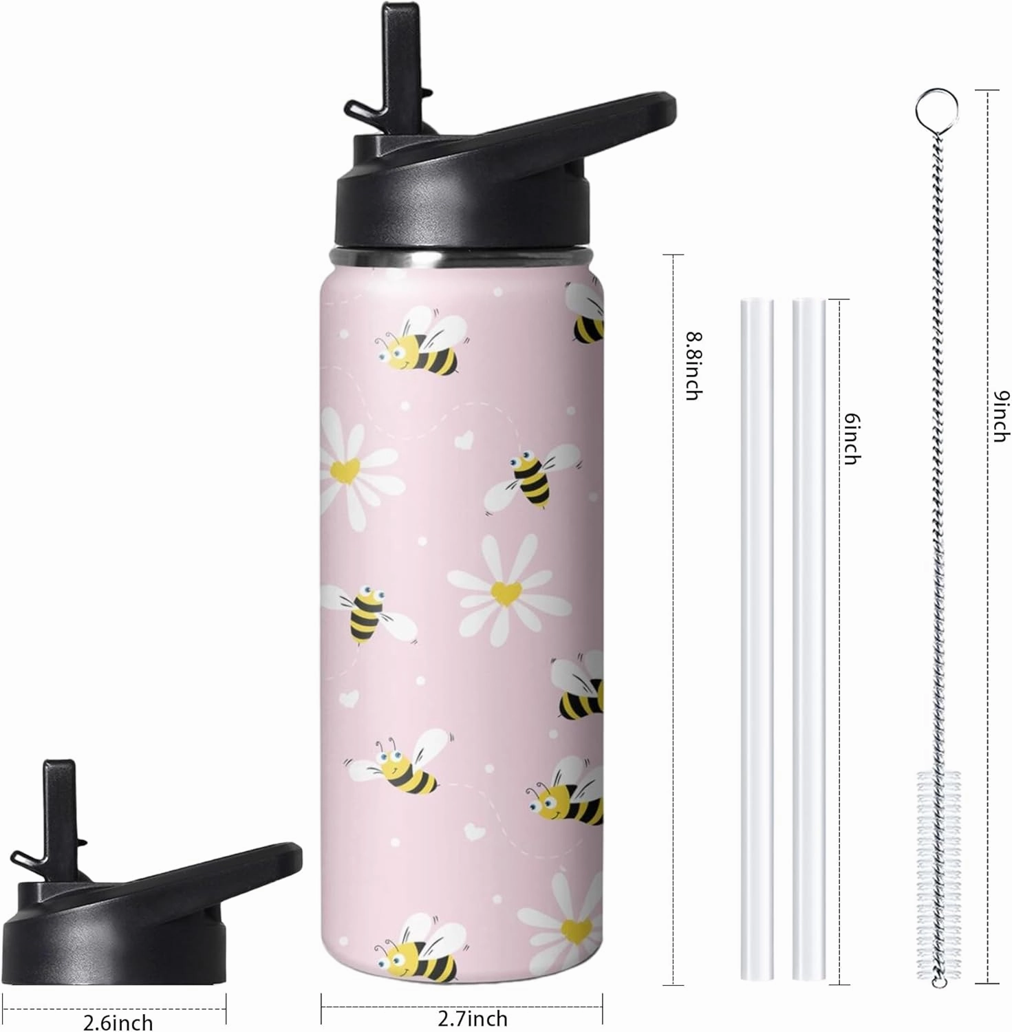 18oz Cute Bee Water Bottle with Handle and Flip Straw, Sports Stainless Steel Insulated Cup, Travel Coffee Mug Tumbler, Birthday Mothers Day Chritmas Gifts for Women Animal Lovers