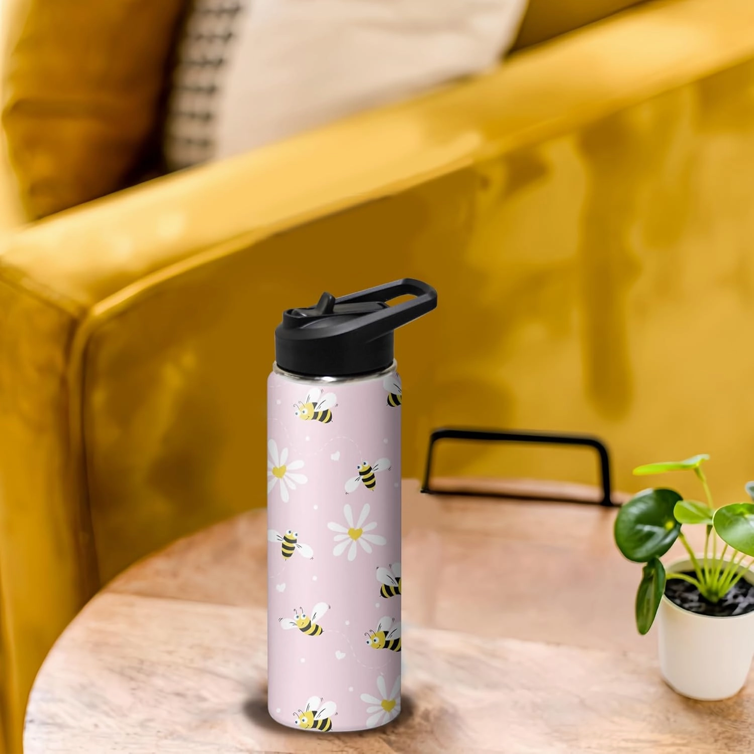18oz Cute Bee Water Bottle with Handle and Flip Straw, Sports Stainless Steel Insulated Cup, Travel Coffee Mug Tumbler, Birthday Mothers Day Chritmas Gifts for Women Animal Lovers