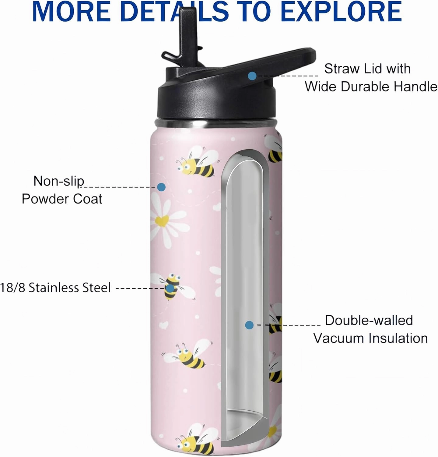 18oz Cute Bee Water Bottle with Handle and Flip Straw, Sports Stainless Steel Insulated Cup, Travel Coffee Mug Tumbler, Birthday Mothers Day Chritmas Gifts for Women Animal Lovers