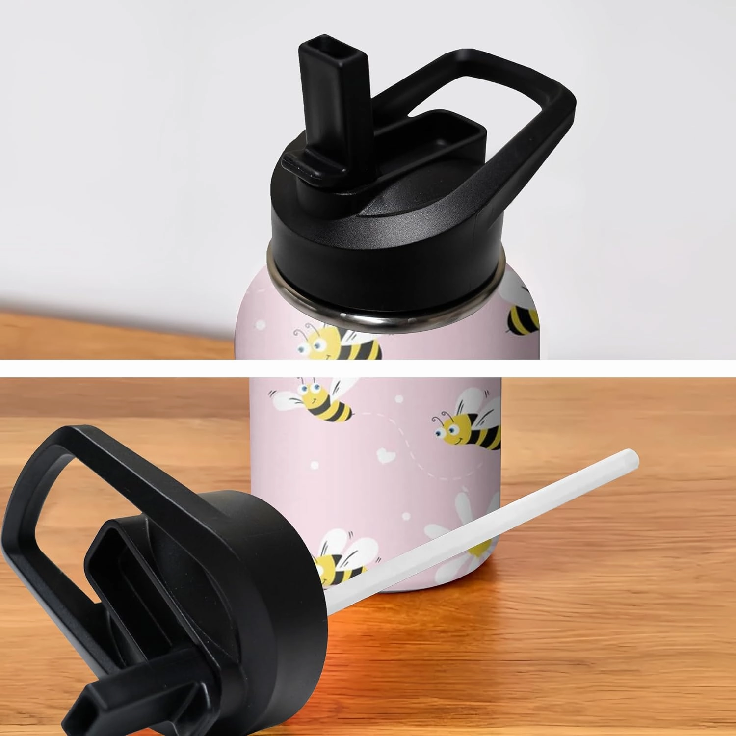 18oz Cute Bee Water Bottle with Handle and Flip Straw, Sports Stainless Steel Insulated Cup, Travel Coffee Mug Tumbler, Birthday Mothers Day Chritmas Gifts for Women Animal Lovers