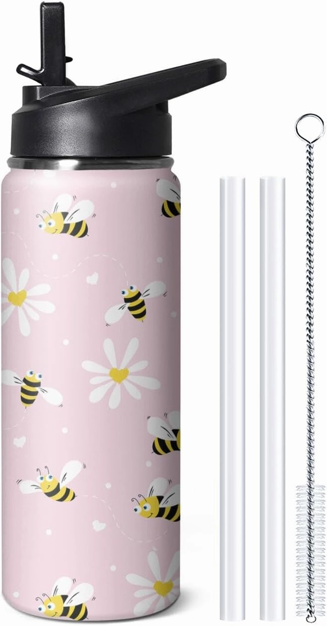 18oz Cute Bee Water Bottle with Handle and Flip Straw, Sports Stainless Steel Insulated Cup, Travel Coffee Mug Tumbler, Birthday Mothers Day Chritmas Gifts for Women Animal Lovers