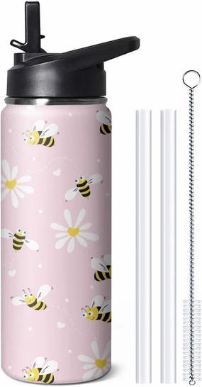 18oz Cute Bee Water Bottle with Handle and Flip Straw, Sports Stainless Steel Insulated Cup, Travel Coffee Mug Tumbler, Birthday Mothers Day Chritmas Gifts for Women Animal Lovers