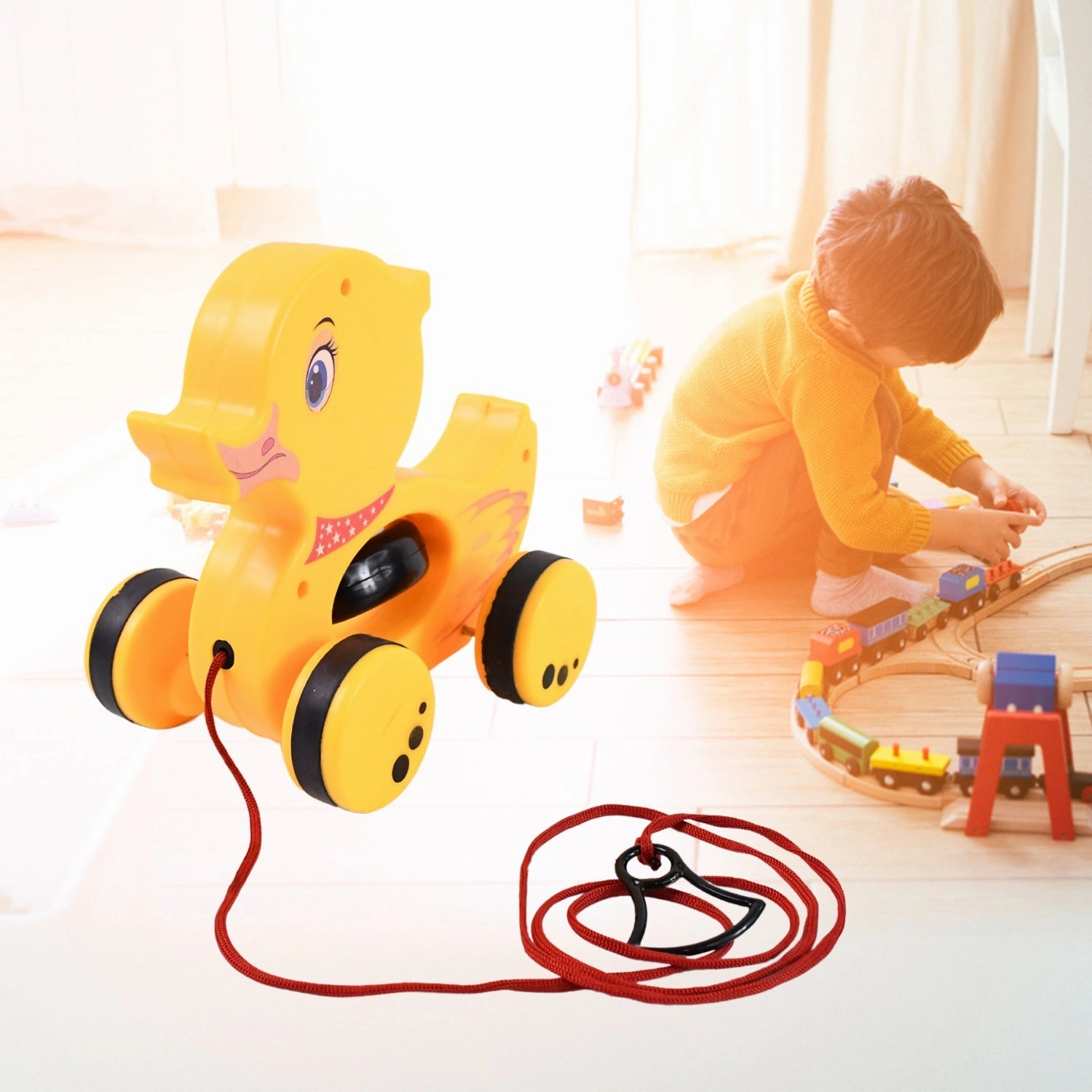 19012 Pull Along Toy with Attractive Design, Developmental Toy for 1-Year-Old Girl Boy (Duck)