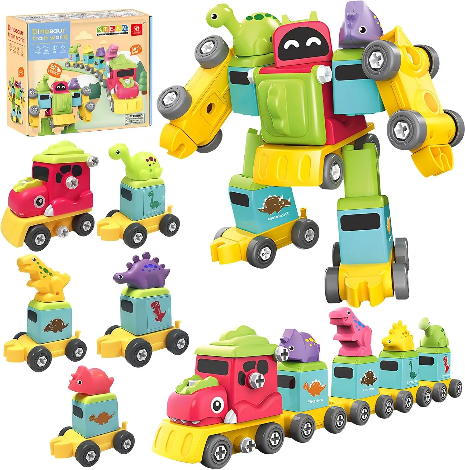 19.6" Dinosaur Toys for Boys Age 4 5 6 7 8,Large 5 in 1 Train Robot Building Blocks Boys Toys,Easy to Assemble,DIY STEM Kits Take Apart Transform Kid Toy,Party Christmas Birthday Gifts for Boys Girls