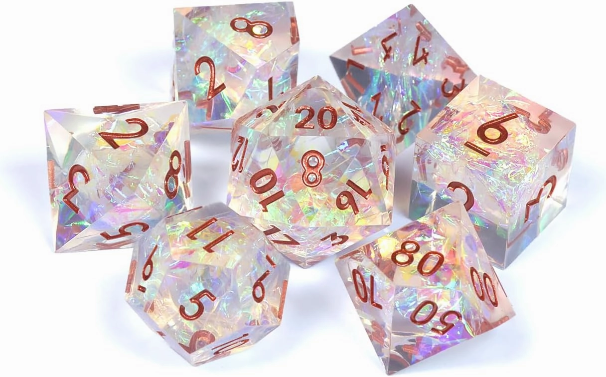 1985 Games Sharp Edge D&D Dice Set – Handmade Resin Polyhedral Dice in VHS Retro Box – 7 Dice for TTRPG (Crystal Ball)