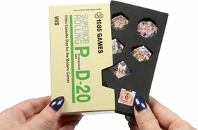 1985 Games Sharp Edge D&D Dice Set – Handmade Resin Polyhedral Dice in VHS Retro Box – 7 Dice for TTRPG (Crystal Ball)