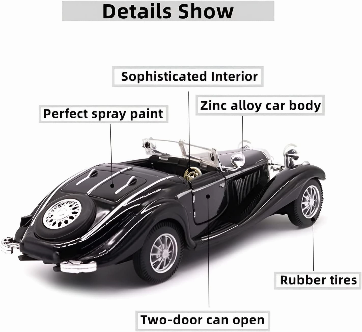 1:28 Scale Pullback Diecast Metal Antique Classic Model Cars Collectible Toy Gifts (Black,Length 6.5in/16.8cm)