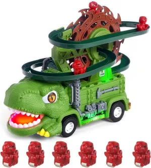 2 in 1 Dinosaur Slide Track Car Toys Set - Dinosaur Truck with Music and Light, Roller Coaster Toy, Dino Race Track Game for Toddlers, Dino Ferris Wheel, Birthday Gift for Boys Girls 3 4 5 6