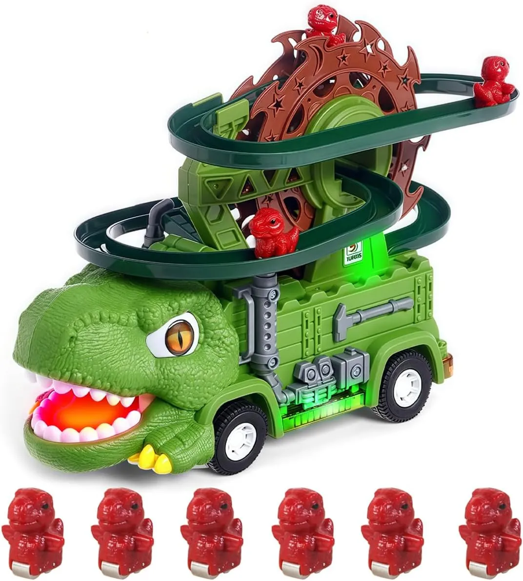 2 in 1 Dinosaur Slide Track Car Toys Set - Dinosaur Truck with Music and Light, Roller Coaster Toy, Dino Race Track Game for Toddlers, Dino Ferris Wheel, Birthday Gift for Boys Girls 3 4 5 6