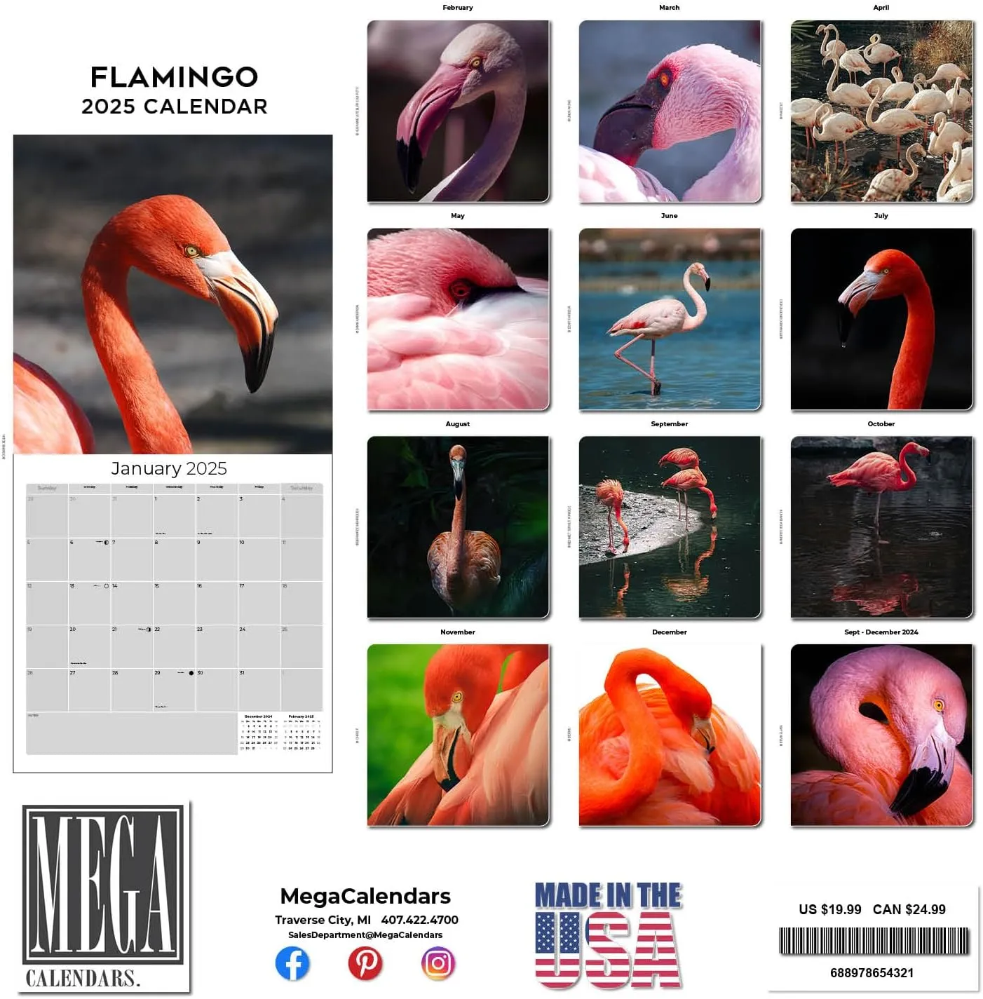 2024 2025 Flamingo Calendar - Cute Wildlife Monthly Wall Calendar - 12 x 24 Open - Thick No-Bleed Paper - Giftable - Academic Teacher's Planner Calendar Organizing & Planning